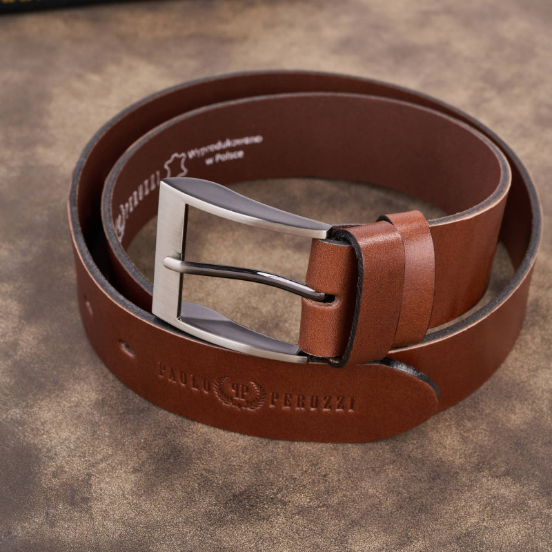 Pasek męski skórzany premium z klasyczną klamrą elegancki koniakowy 100 cm Paolo Peruzzi PG-08-CG-100