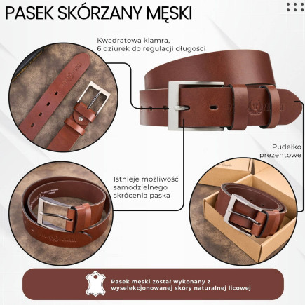 Pasek męski skórzany premium z klasyczną klamrą elegancki koniakowy 120 cm Paolo Peruzzi PG-08-CG-120