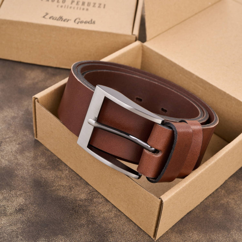 Pasek męski skórzany premium z klasyczną klamrą elegancki koniakowy 130 cm Paolo Peruzzi PG-08-CG-130