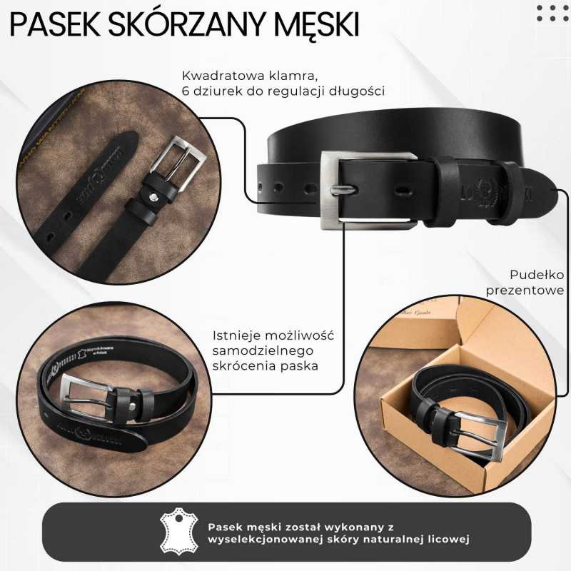 Pasek męski skórzany premium z klasyczną klamrą elegancki czarny 100 cm Paolo Peruzzi PG-09-BL