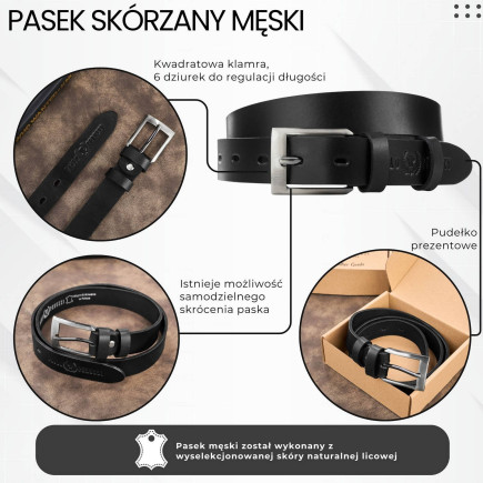 Pasek męski skórzany premium z klasyczną klamrą elegancki czarny 130 cm Paolo Peruzzi PG-09-BL