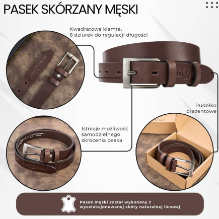 Pasek męski skórzany premium z klasyczną klamrą elegancki brązowy 110 cm Paolo Peruzzi PG-09-BR-110