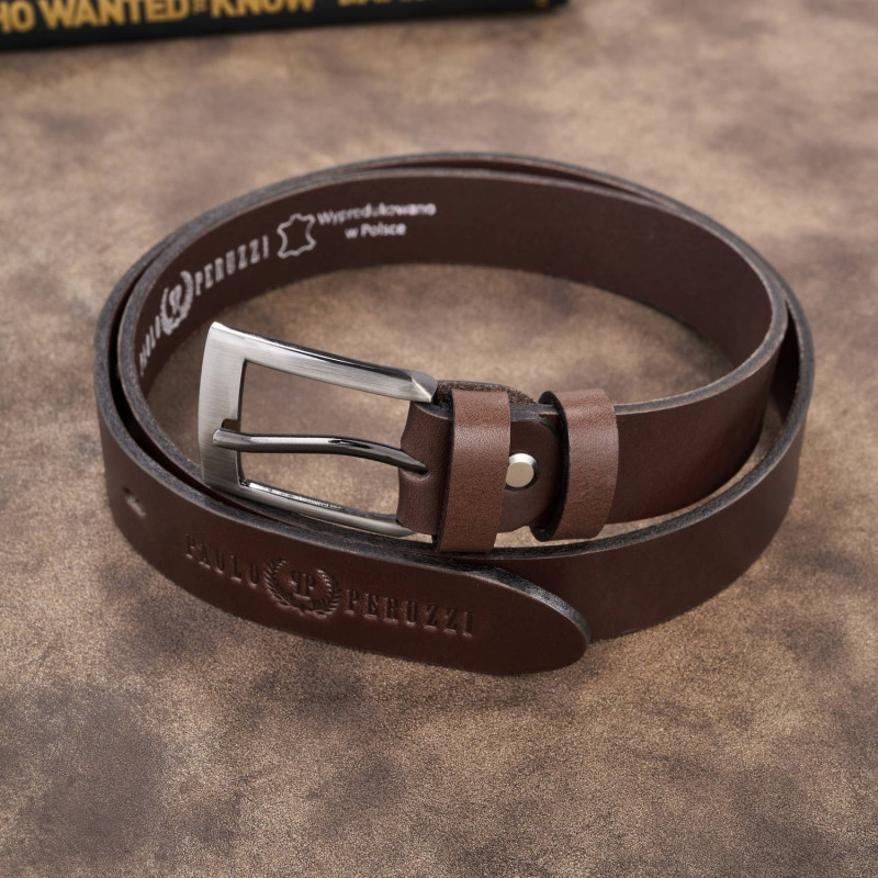 Pasek męski skórzany premium z klasyczną klamrą elegancki brązowy 110 cm Paolo Peruzzi PG-09-BR-110