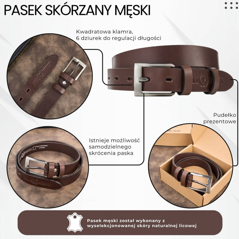 Pasek męski skórzany premium z klasyczną klamrą elegancki brązowy 120 cm Paolo Peruzzi PG-09-BR-120