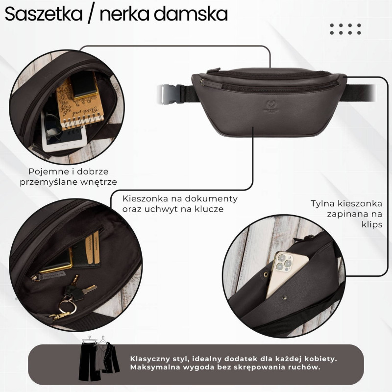 Saszetka nerka damska wielofunkcyjna duża klasyczna brązowa Paolo Peruzzi AY-14-BR
