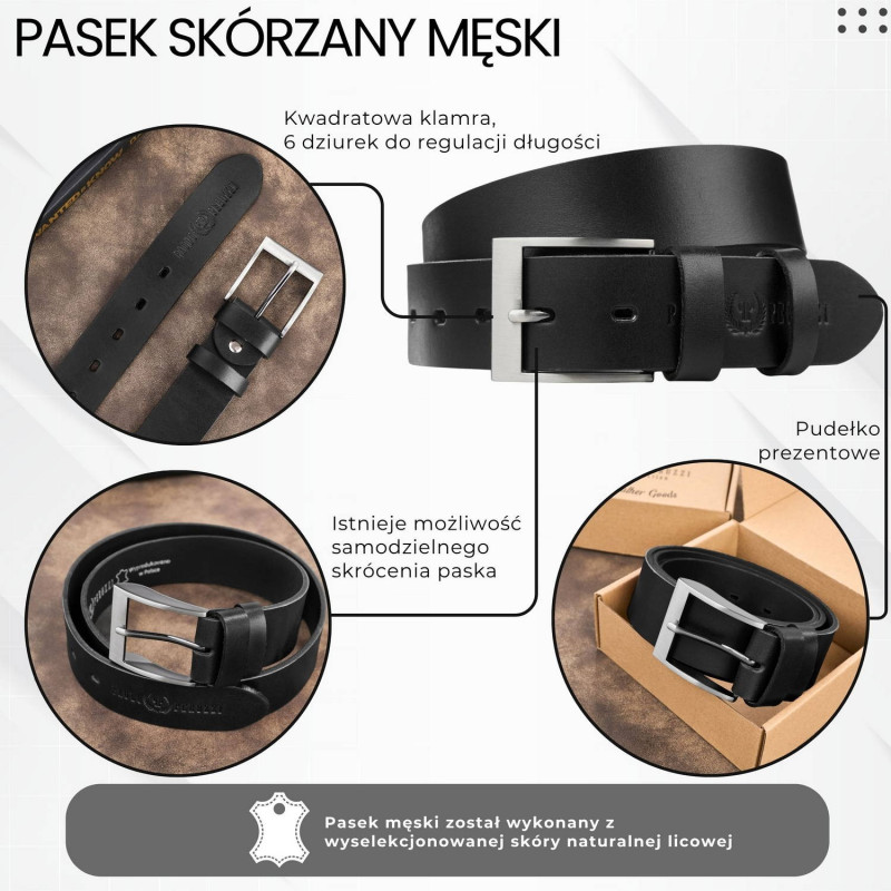 Pasek męski skórzany premium z klasyczną klamrą elegancki czarny 100 cm Paolo Peruzzi PG-08-BL-100