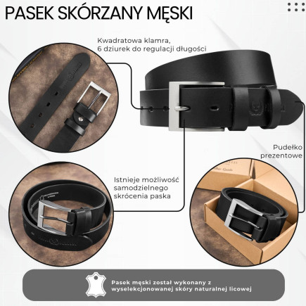 Pasek męski skórzany premium z klasyczną klamrą elegancki czarny 110 cm Paolo Peruzzi PG-08-BL-110