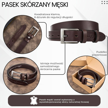Pasek męski skórzany premium z klasyczną klamrą elegancki ciemnobrązowy 130 cm Paolo Peruzzi PG-09-DBR-130