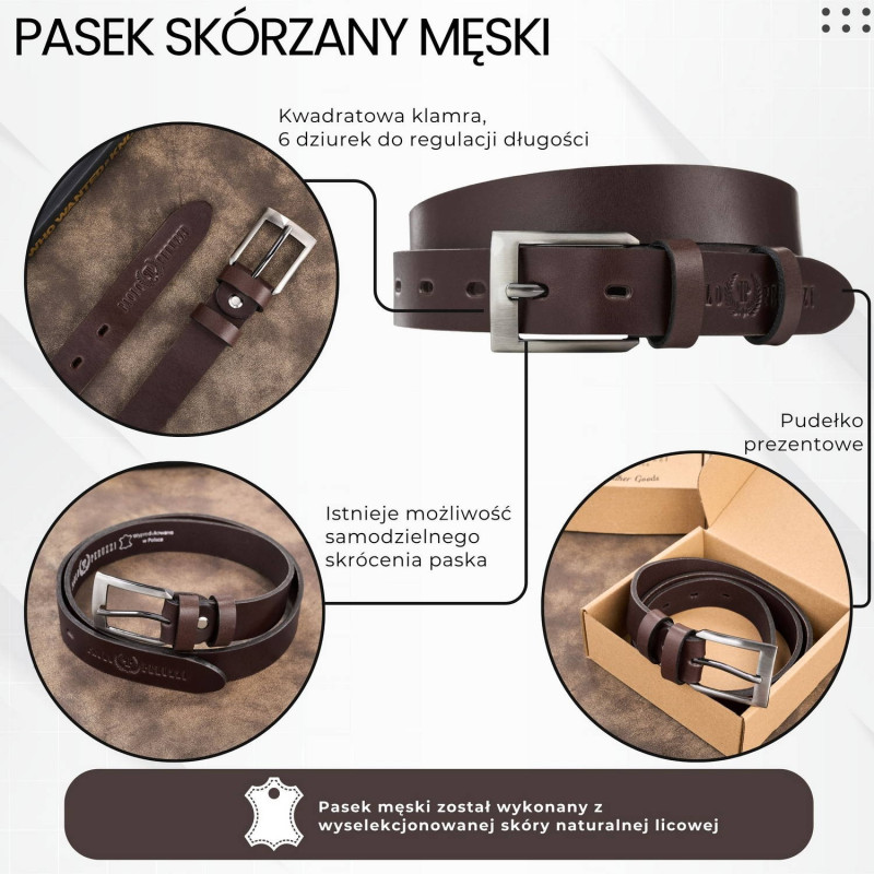 Pasek męski skórzany premium z klasyczną klamrą elegancki ciemnobrązowy 130 cm Paolo Peruzzi PG-09-DBR-130