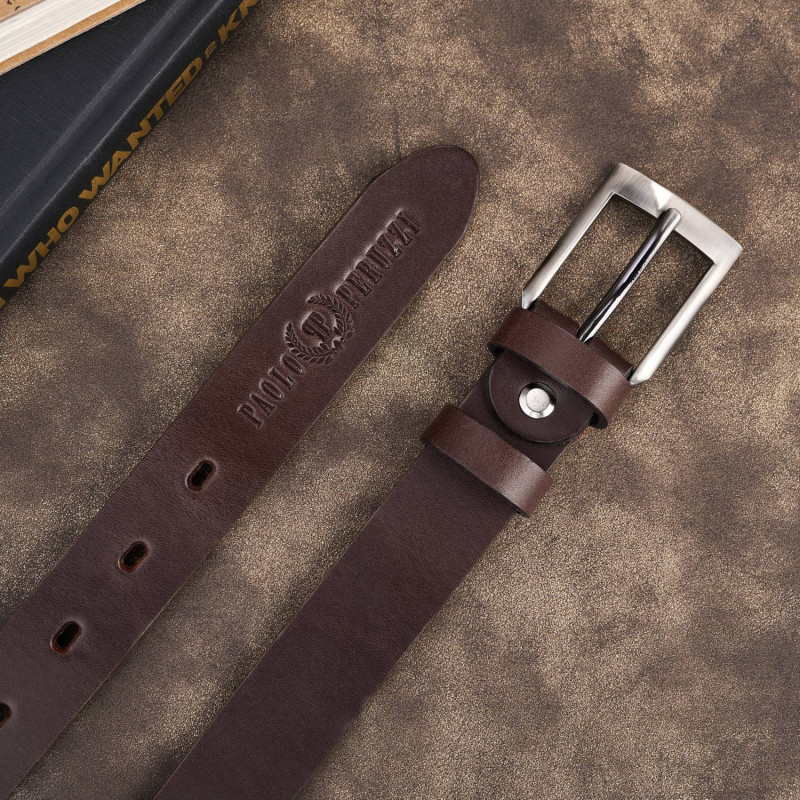 Pasek męski skórzany premium z klasyczną klamrą elegancki ciemnobrązowy 130 cm Paolo Peruzzi PG-09-DBR-130
