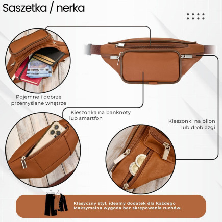 Saszetka nerka męska skórzana klasyczna na pas koniakowa Abruzzo ABR-41-CG