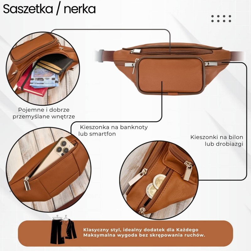 Saszetka nerka męska skórzana klasyczna na pas koniakowa Abruzzo ABR-41-CG