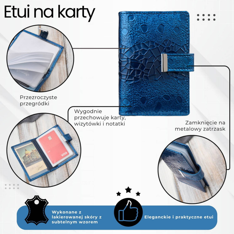 Skórzane granatowe etui na karty lakierowane SP-15-DB