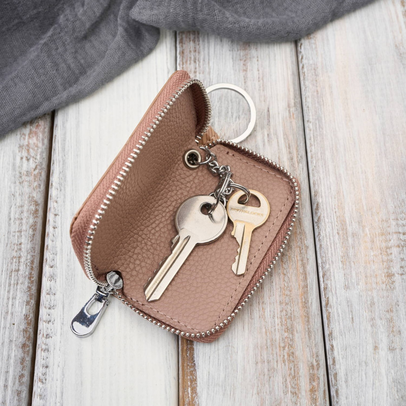 Skórzane etui na klucze beżowe lakierowane z motywem roślinnym SP-22-RBG