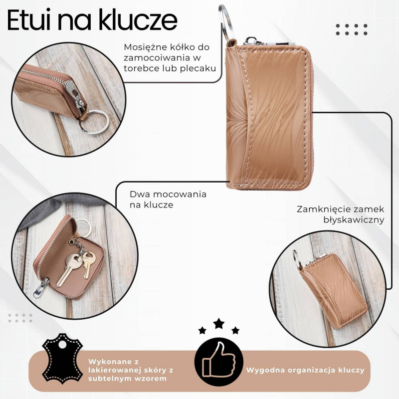 Skórzane etui na klucze beżowe lakierowane z motywem roślinnym SP-22-RBG