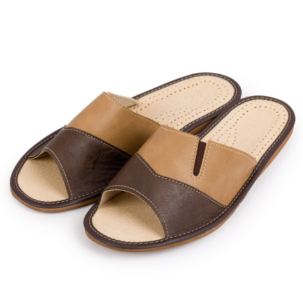 Męskie pantofle R.42 domowe skórzane przewiewne brązowe kapcie z wycięciem KM-11-BR-42