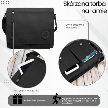 Męska czarna torba na ramie ze skóry naturalnej vintage Paolo Peruzzi T-147-HBL