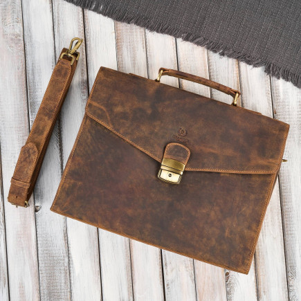 Męska skórzana aktówka brązowa na dokumenty teczka na ramie z kluczykiem vintage Paolo Peruzzi T-146-HBR