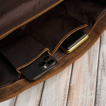 Męska skórzana aktówka brązowa na dokumenty teczka na ramie z kluczykiem vintage Paolo Peruzzi T-146-HBR