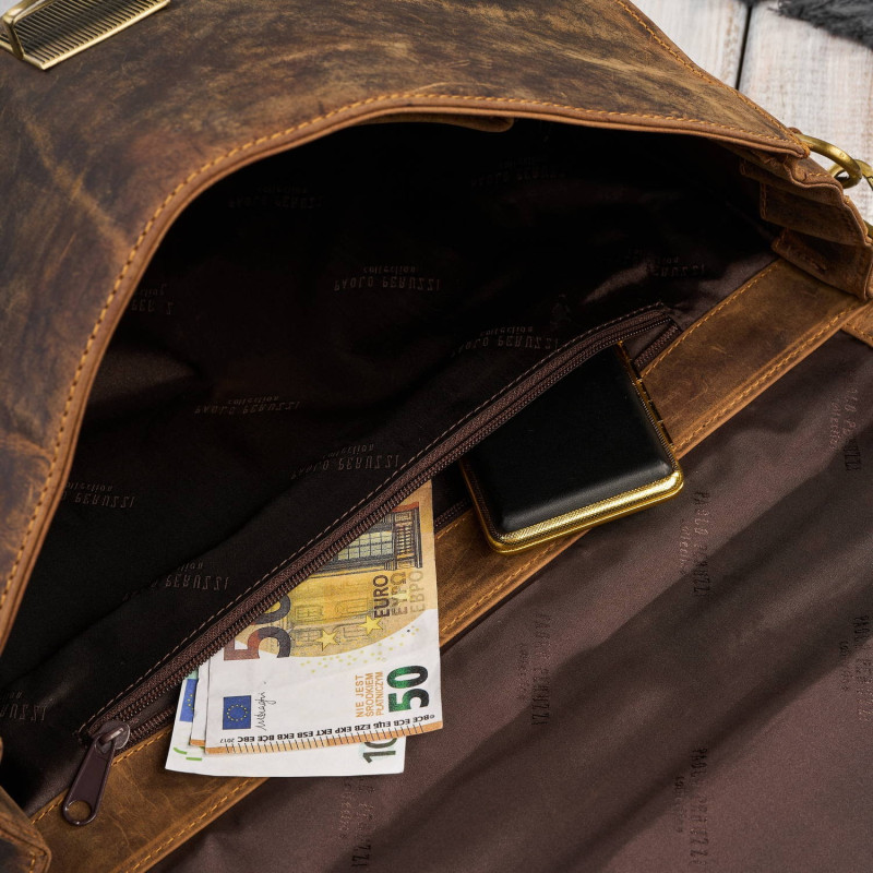 Męska skórzana aktówka brązowa na dokumenty teczka na ramie z kluczykiem vintage Paolo Peruzzi T-146-HBR