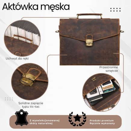 Męska skórzana aktówka brązowa na dokumenty teczka na ramie z kluczykiem vintage Paolo Peruzzi T-146-HBR