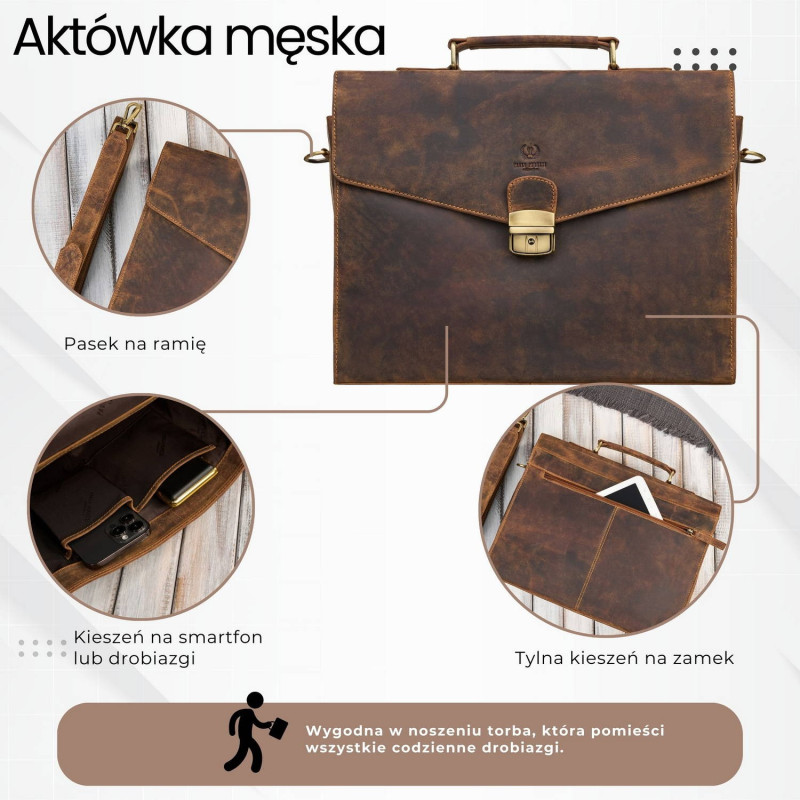 Męska skórzana aktówka brązowa na dokumenty teczka na ramie z kluczykiem vintage Paolo Peruzzi T-146-HBR