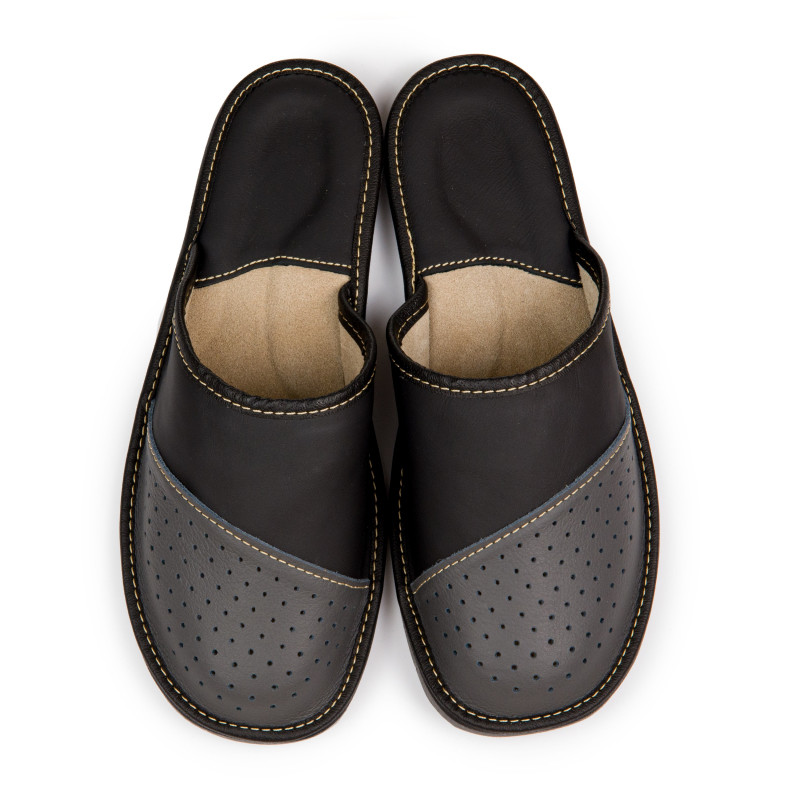 Obuwie domowe męskie skóra eko z profilowaną skórzaną wkładką KM-12-GR-42