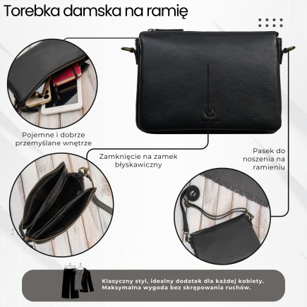 Czarna skórzana torebka damska na ramię kompaktowa listonoszka Paolo Peruzzi IM-04-BL