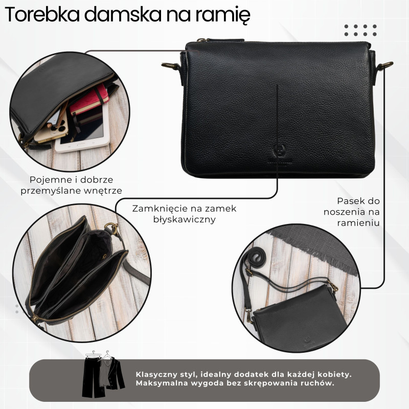 Czarna skórzana torebka damska na ramię kompaktowa listonoszka Paolo Peruzzi IM-04-BL