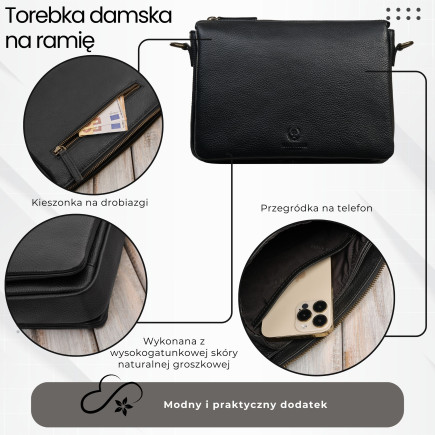 Czarna skórzana torebka damska na ramię kompaktowa listonoszka Paolo Peruzzi IM-04-BL