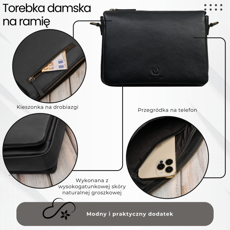 Czarna skórzana torebka damska na ramię kompaktowa listonoszka Paolo Peruzzi IM-04-BL