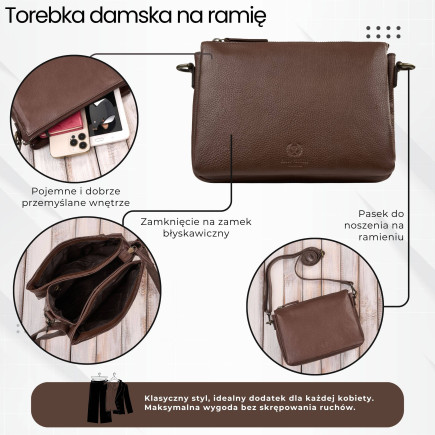 Torebka damska skórzana na ramię brązowa kompaktowa listonoszka IM-04-BR