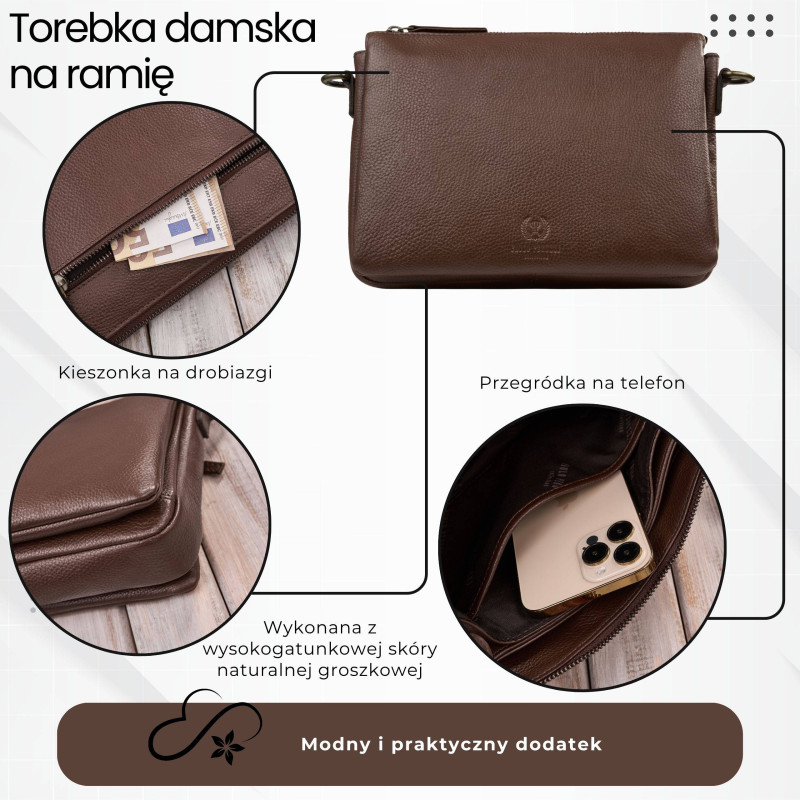 Torebka damska skórzana na ramię brązowa kompaktowa listonoszka IM-04-BR