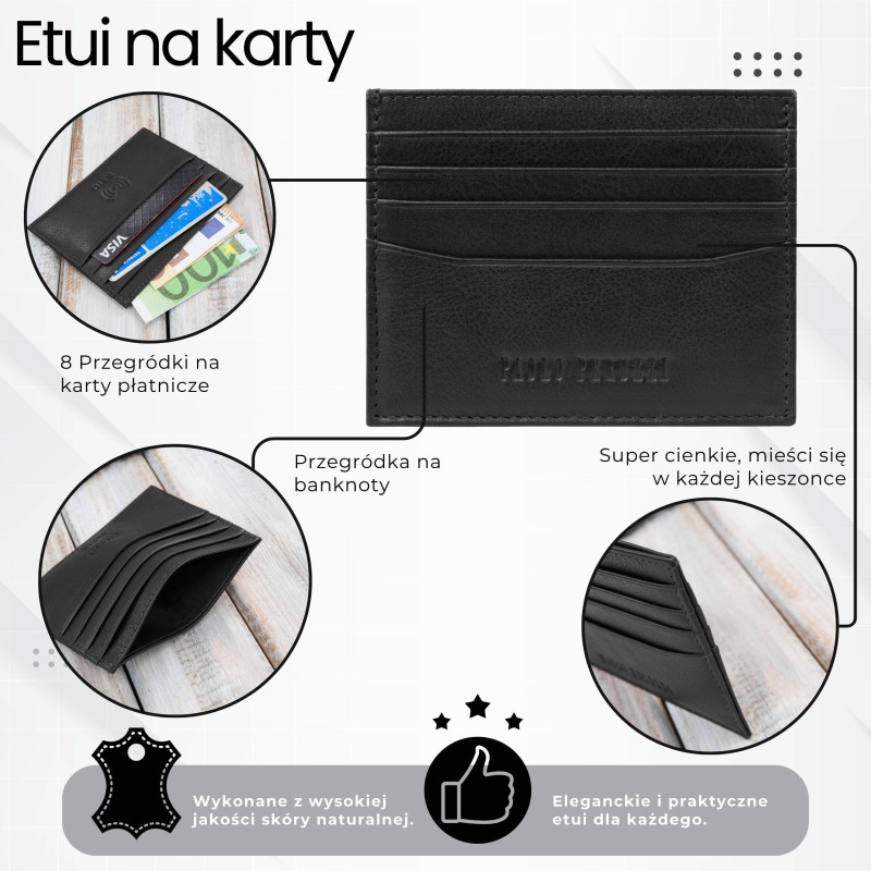 Etui na karty kredytowe skórzane praktyczne etui RFID czarne z wycięciem Paolo Peruzzi