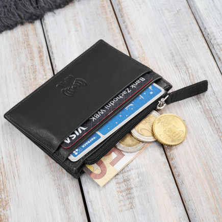 Skórzane etui na karty z kieszonką na suwak RFID czarne Paolo Peruzzi