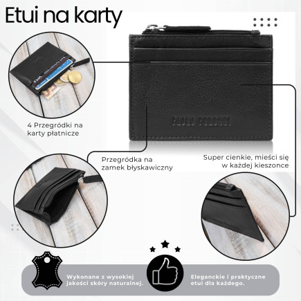 Skórzane etui na karty z kieszonką na suwak RFID czarne Paolo Peruzzi