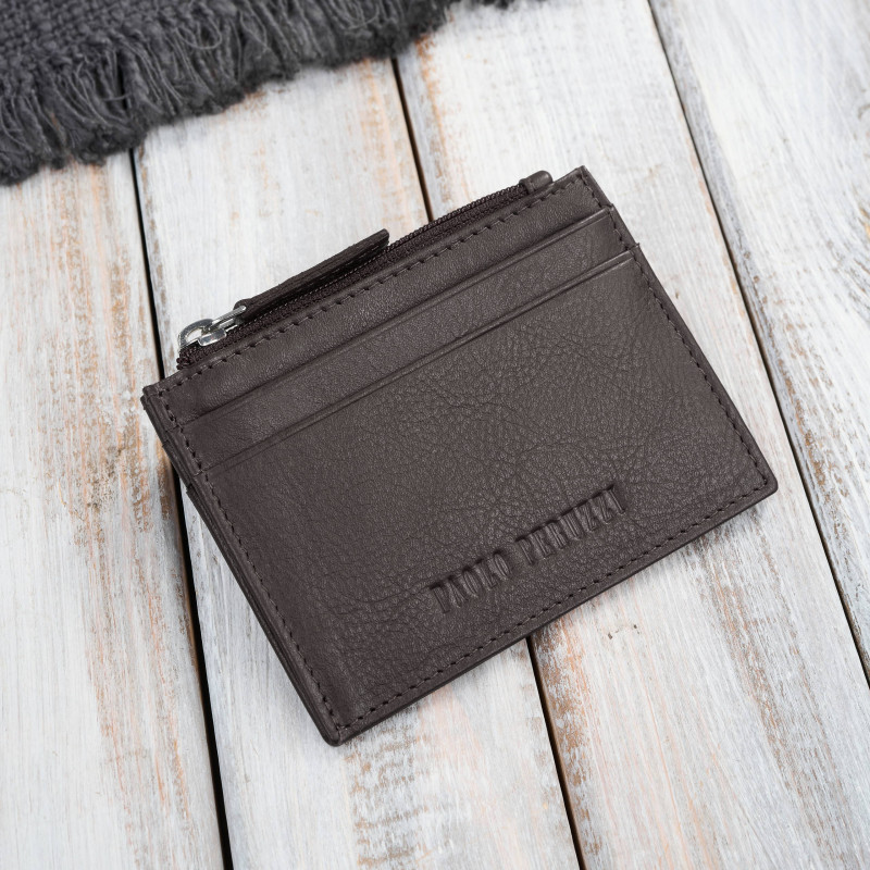 Etui na karty ze skóry naturalnej z kieszonką na suwak RFID brązowe Paolo Peruzzi