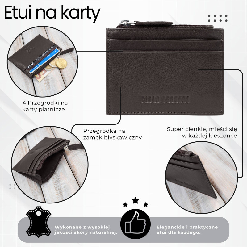 Etui na karty ze skóry naturalnej z kieszonką na suwak RFID brązowe Paolo Peruzzi