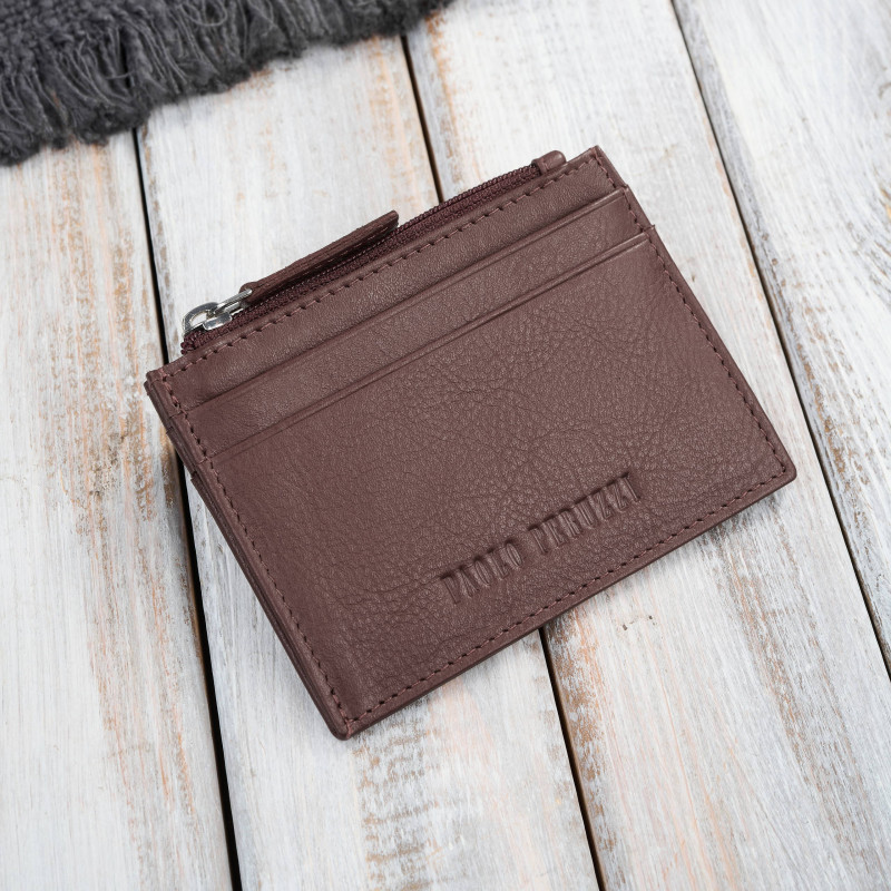 Skórzane etui na karty z kieszonką na suwak RFID koniakowe Paolo Peruzzi