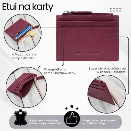 Etui na karty z kieszonką na suwak ochrona RFID eleganckie czerwone Paolo Peruzzi