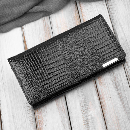 Portfel damski skórzany lakierowany czarny croco SP-16-CBL – elegancki portfel z tłoczeniem