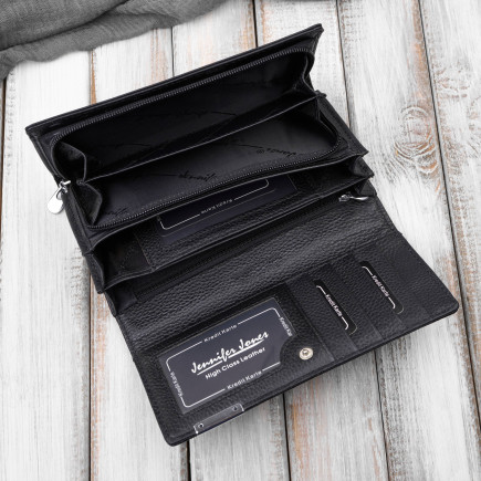 Portfel damski skórzany lakierowany czarny croco SP-16-CBL – elegancki portfel z tłoczeniem