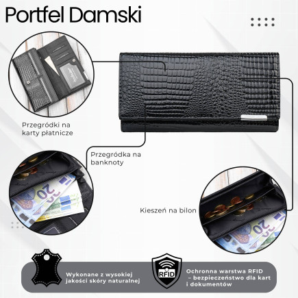 Portfel damski skórzany lakierowany czarny croco SP-16-CBL – elegancki portfel z tłoczeniem