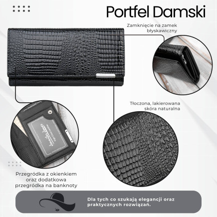 Portfel damski skórzany lakierowany czarny croco SP-16-CBL – elegancki portfel z tłoczeniem