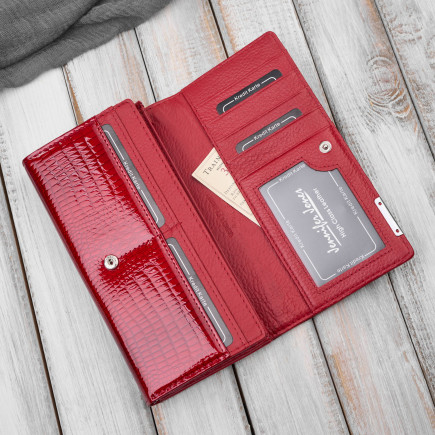 Portfel damski skórzany lakierowany czerwony croco SP-16-CRD – elegancki portfel z tłoczeniem