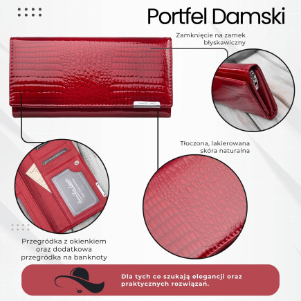 Portfel damski skórzany lakierowany czerwony croco SP-16-CRD – elegancki portfel z tłoczeniem