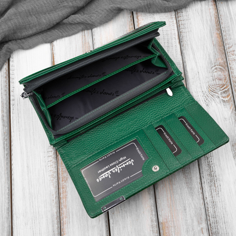 Portfel damski skórzany lakierowany zielony croco SP-16-CGRN – elegancki portfel z tłoczeniem