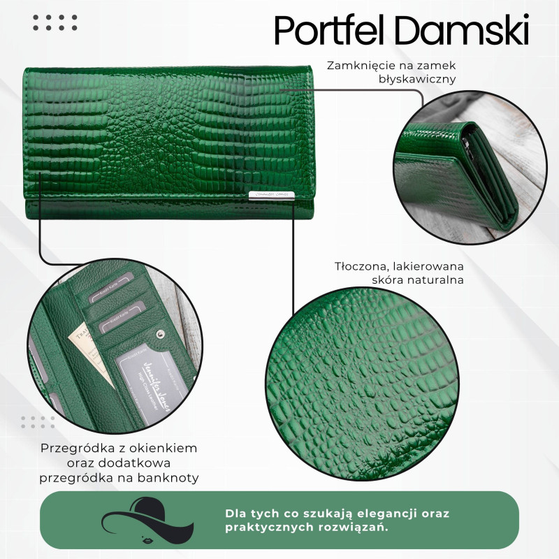 Portfel damski skórzany lakierowany zielony croco SP-16-CGRN – elegancki portfel z tłoczeniem