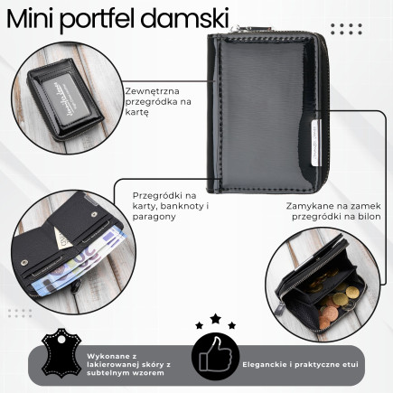 Portfel damski skórzany mini czarny skóra naturalna lakierowana SP-18-BL