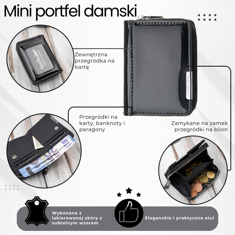 Portfel damski skórzany mini czarny skóra naturalna lakierowana SP-18-BL